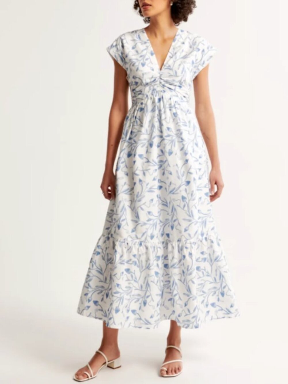 Abercrombie Cinch-Front Poplin Midi Dress - White with Blue Floral Print